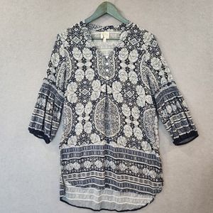 Anthropologie Fig & Flower‎ Blouse L Long Sleeve Boho Blue White Mother of Pearl